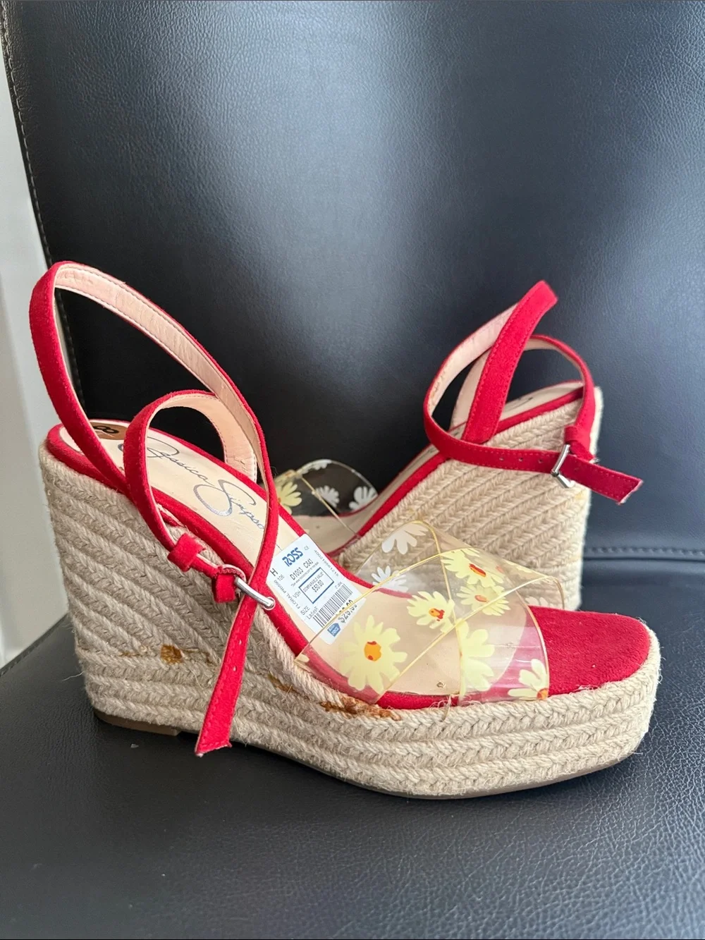Jessica Simpson Red Suede Espadrille Wedge Sandals with Floral Clear Straps